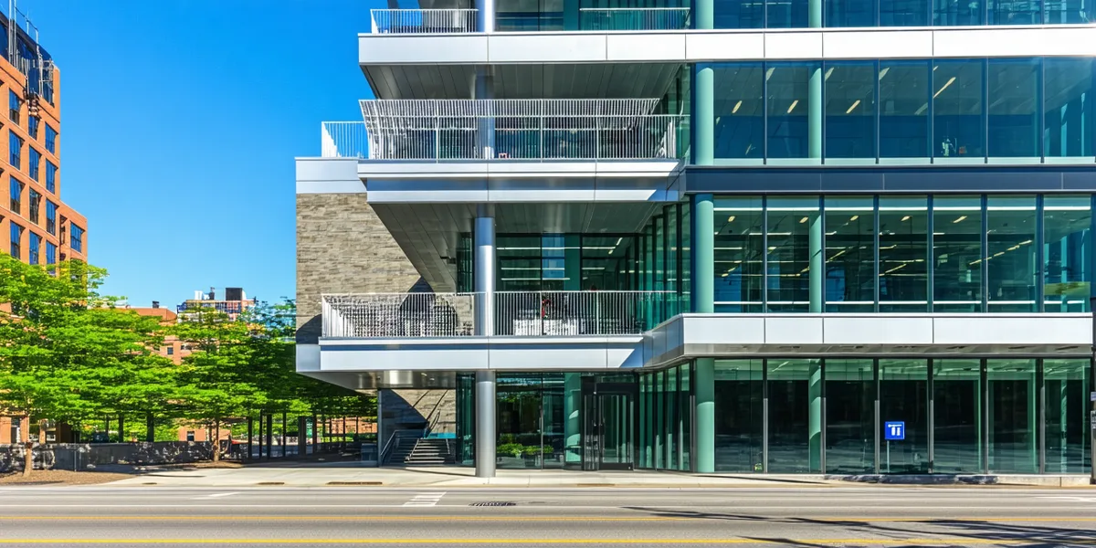 Modern Cambridge Massachusetts office building exterior, Kendall Square area, urban innovation district