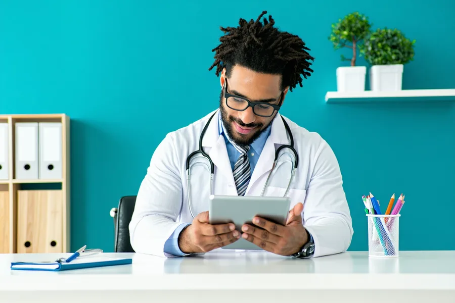 Clinician in a well-lit consultation room reviewing notes on a tablet, warm professional atmosphere