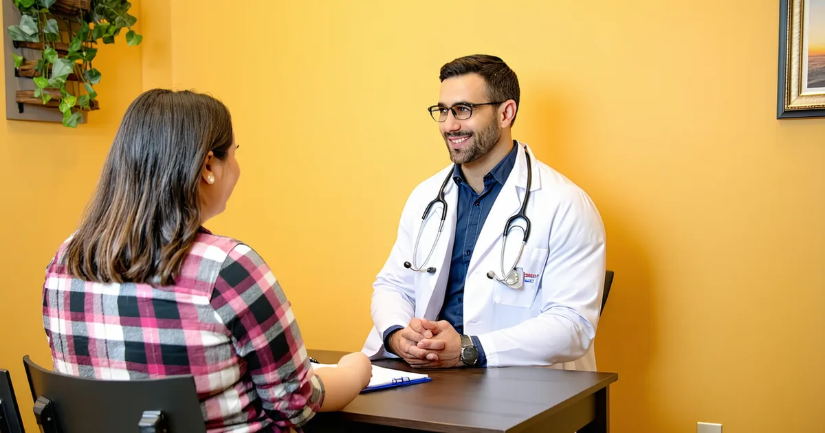 Primary care physician consultation with patient in warm exam room setting
