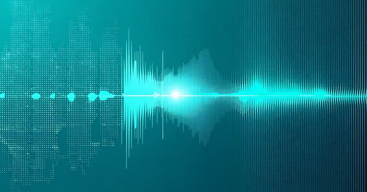 Abstract visualization of audio waveform transforming into structured document, technology concept