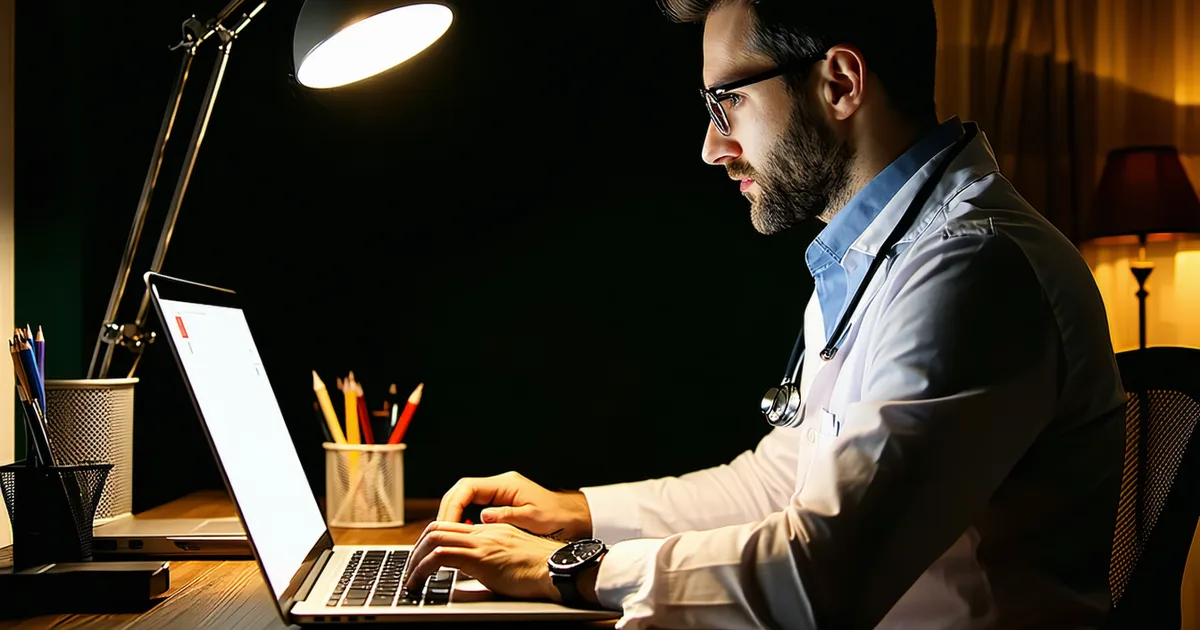 Physician working at a computer late at night in a dimly lit home office, burnout theme